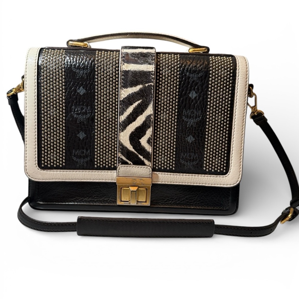 MCM Studded Visetos Funky Zebra Satchel / Little Veronika Top Handle Bag
